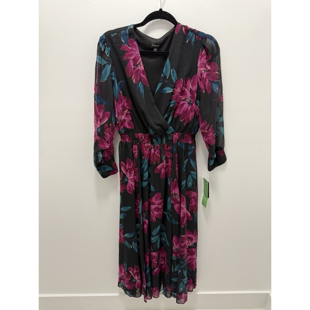 Alexa B Floral Chiffon Dress Petite 10P Black Pink Long Sleeve Faux Wrap NWT